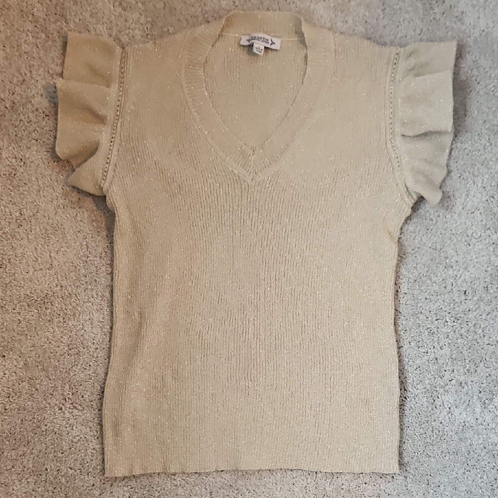 Gold V-Neck Sweater with Ruffle Sleeves